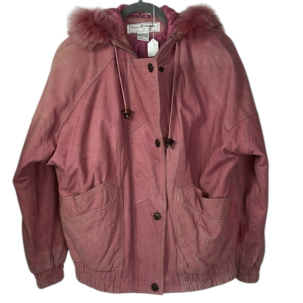 Maggie Lawrence pink leather zip/snap close fox fur trim bomber jacket Sz M PINK